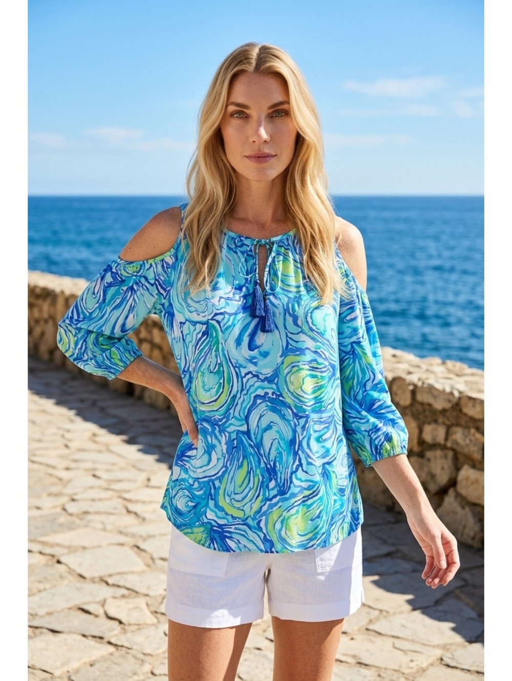 Lilly Pulitzer Cold Shoulder Blouse in Blue and Green Swirl Print with Tassel T-